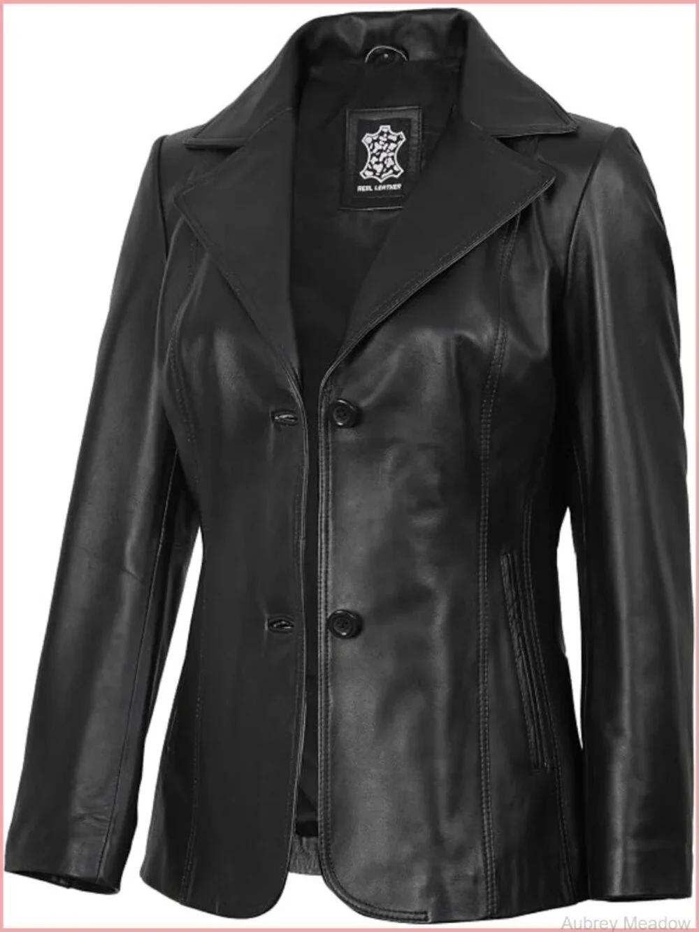 Real Lambskin Leather Blazer Women Notched Lapel 2-Button Long Sleeve Blazer